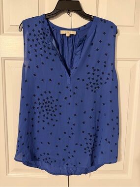 LOFT Royal Blue Sleeveless V-Notch Blouse with Black Geo Print